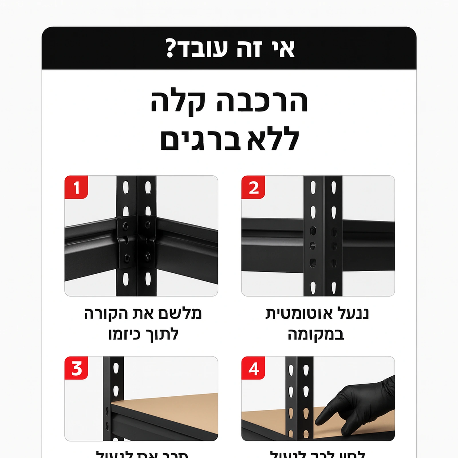 המחשה להרכבה קלה ללא ברגים של מדפי מתכת